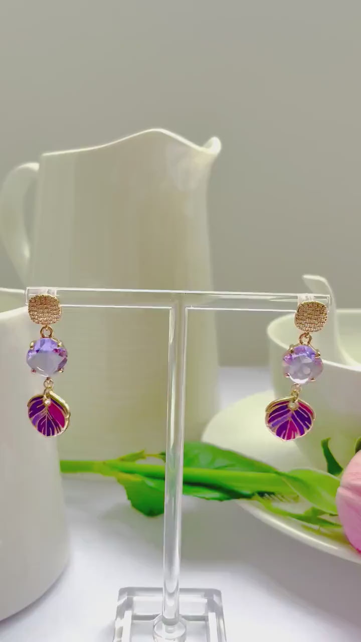 Purple dangle drop cubic zirconia gold feather earrings, Gifts under 30, Mothers Day Gift, Bird-themed jewelry, Nature Gift