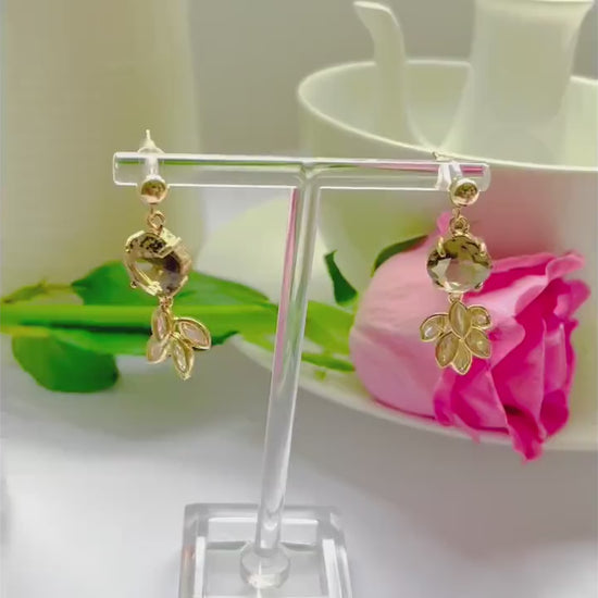 Black coffee feather dangle drop cubic zirconia gold crystal earrings, Gifts under 30, Mothers Day Gift, Bird-themed jewelry, Nature Gift