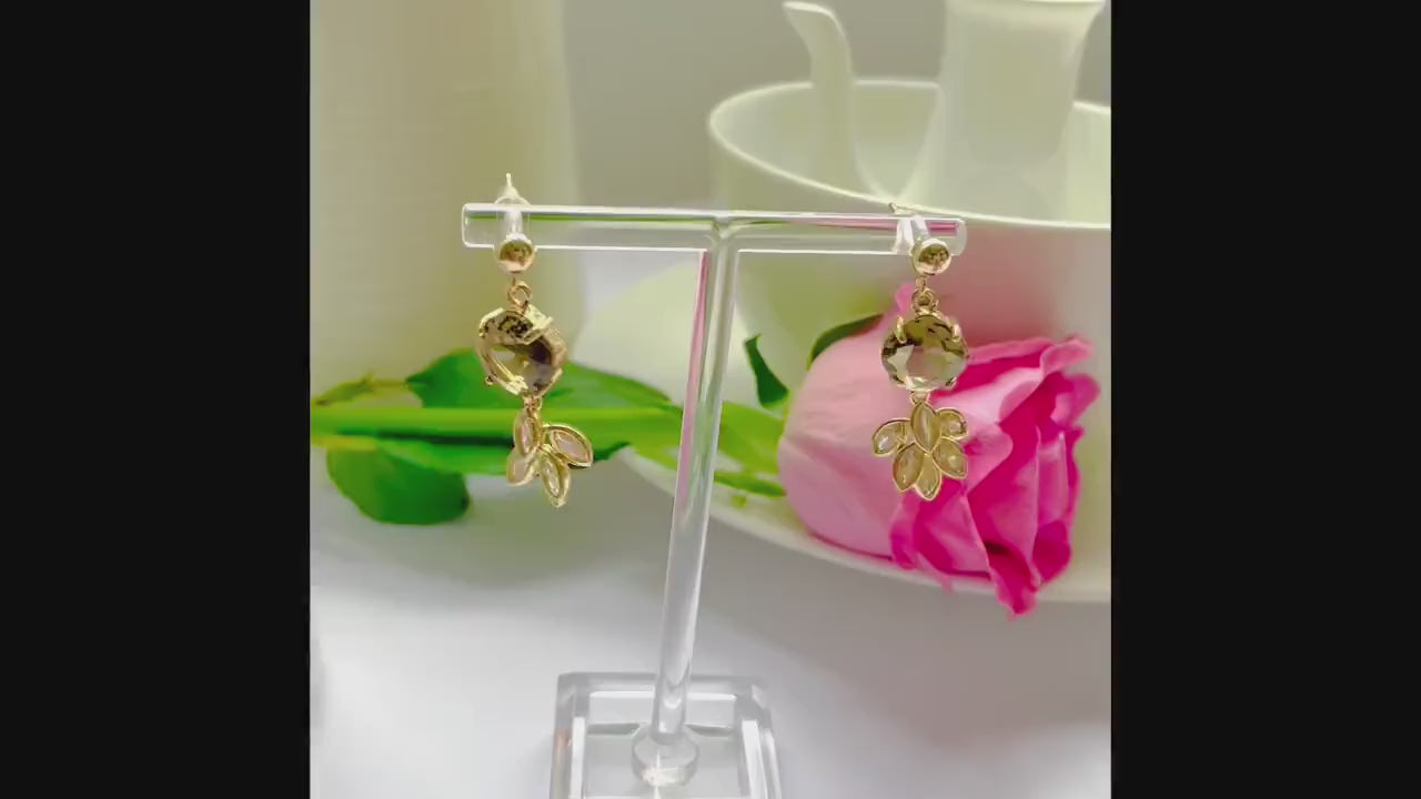 Black coffee feather dangle drop cubic zirconia gold crystal earrings, Gifts under 30, Mothers Day Gift, Bird-themed jewelry, Nature Gift