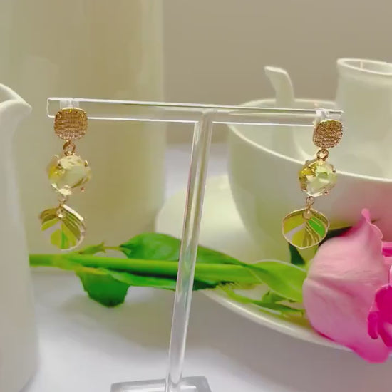 Lime citrus green dangle drop cubic zirconia gold feather earrings, Gifts under 30, Mothers Day Gift, Bird-themed jewelry, Nature Gift
