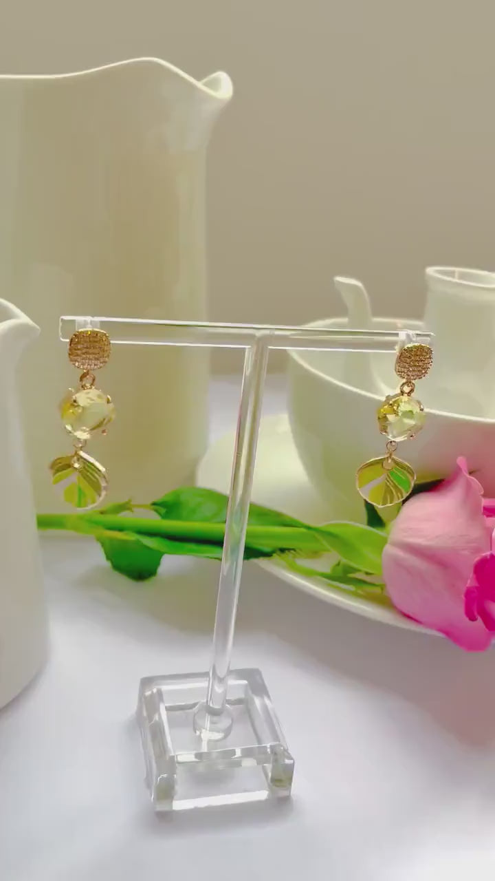 Lime citrus green dangle drop cubic zirconia gold feather earrings, Gifts under 30, Mothers Day Gift, Bird-themed jewelry, Nature Gift