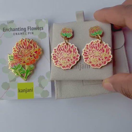 Orange Chrysanthemum Earrings - Acrylic Floral Stud Dangles, Advent calendar
