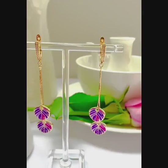Purple enamel Feather Cubic Zirconia Dangle Drop clasp Earring, 18k gold-plated, Gift for her, Nature inspired jewelry, Minimalist, bird