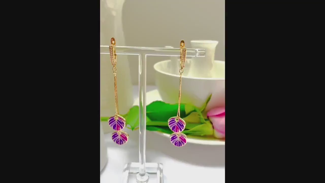 Purple enamel Feather Cubic Zirconia Dangle Drop clasp Earring, 18k gold-plated, Gift for her, Nature inspired jewelry, Minimalist, bird