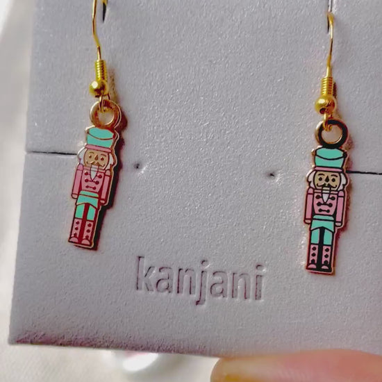 Pink Nutcracker dangle earrings, minimalist, 925 sterling silver, 18k gold, gift for her, black red, pink teal blue