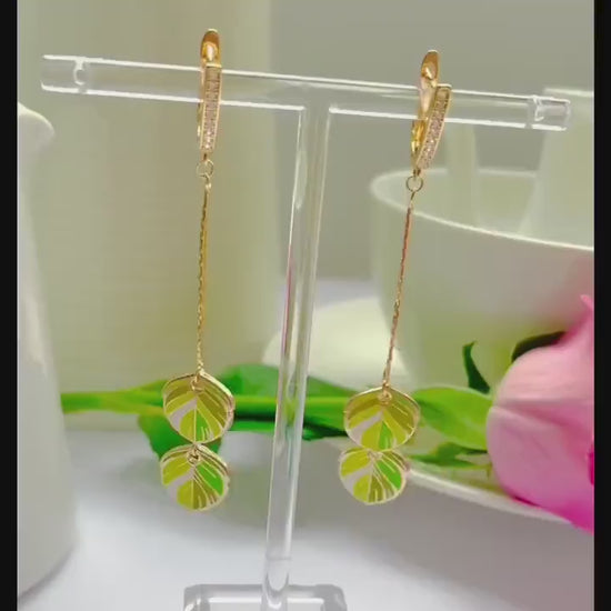 Lime Citrus enamel Feather Cubic Zirconia Dangle Drop clasp Earring, 18k gold-plated, Gift for her, Nature bird inspired jewelry, Minimalist