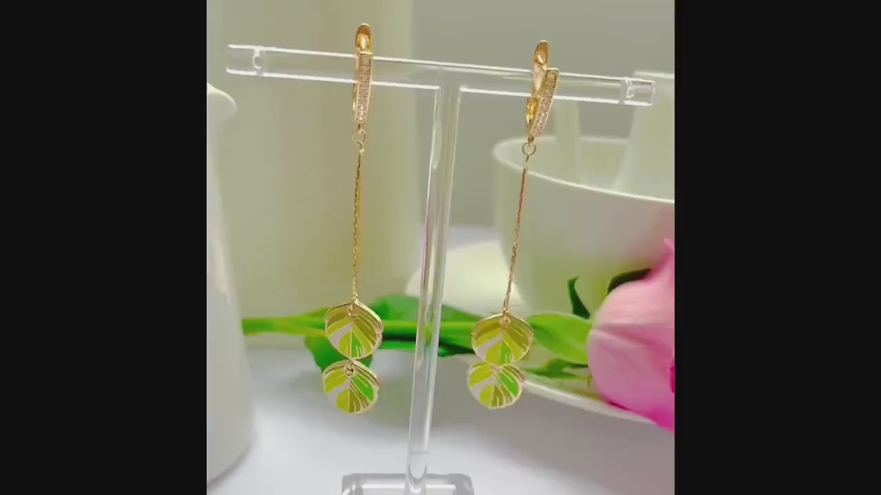Lime Citrus enamel Feather Cubic Zirconia Dangle Drop clasp Earring, 18k gold-plated, Gift for her, Nature bird inspired jewelry, Minimalist