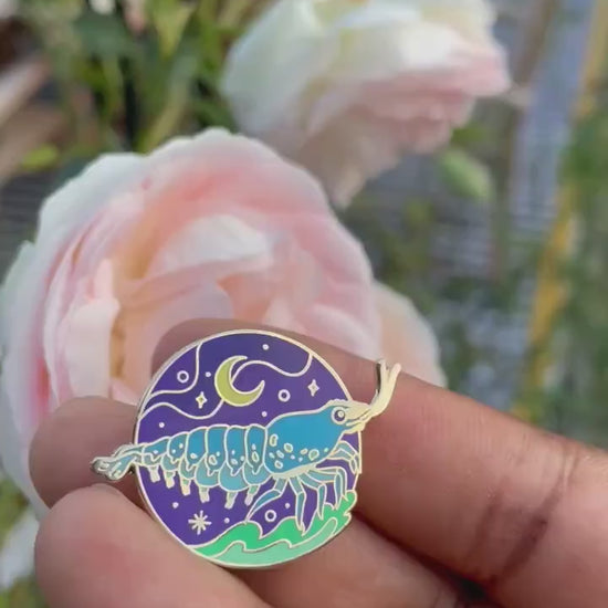 Blue Shrimp Enamel Pin, Sea Witch, Lunar Cosmic Prawn, Christmas stocking stuffer, Advent calendar