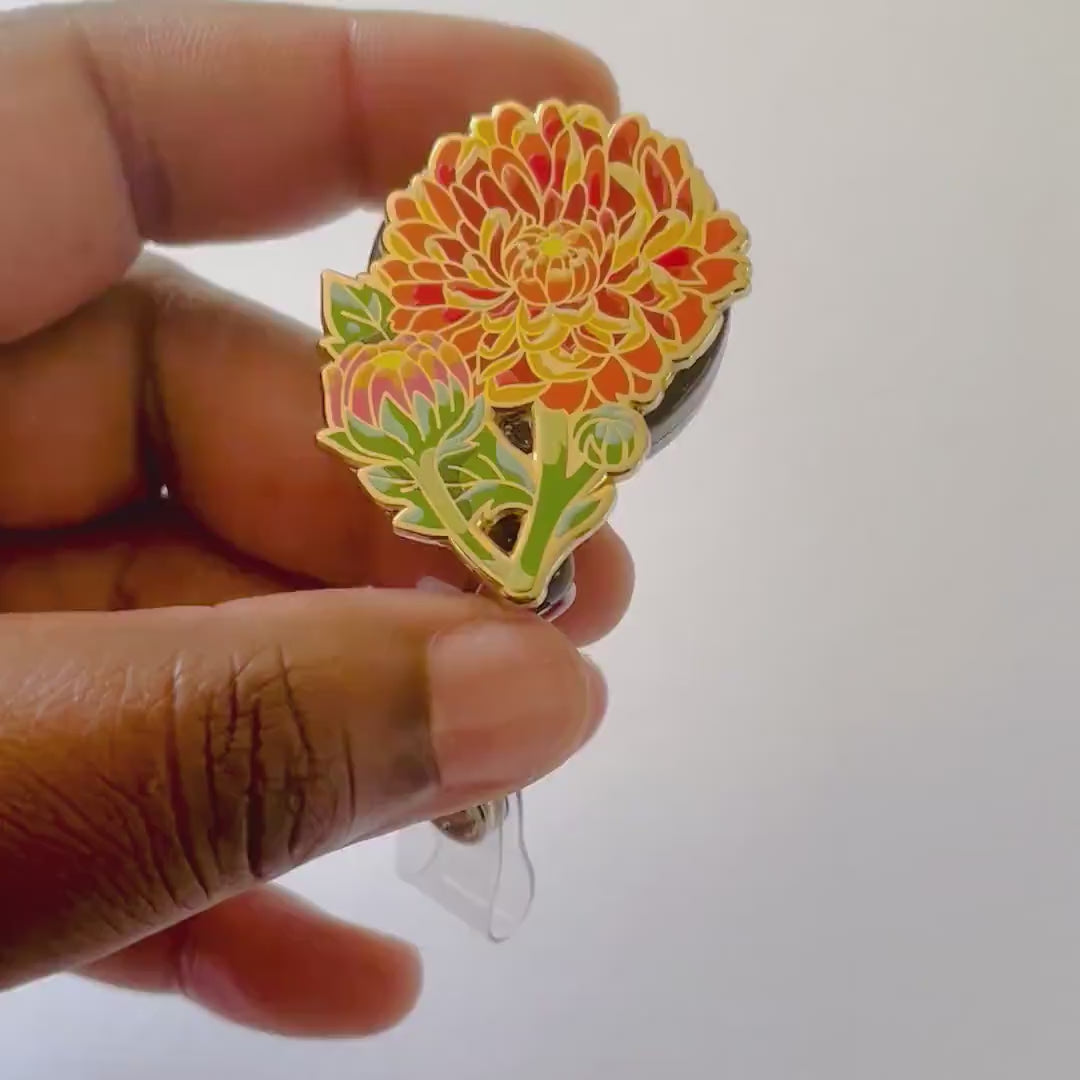 Valeria Chrysanthemum Flower Enamel retractable Badge Reel, Secret Santa gift, Gift under 20, Teacher gift, Nurse gift, Floral flower Gift