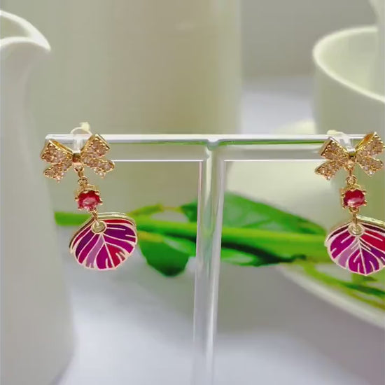 Sparkle bow quetzal red dangle drop cubic zirconia gold feather earrings, Gifts under 30, Mothers Day Gift, Bird-themed jewelry, Nature Gift