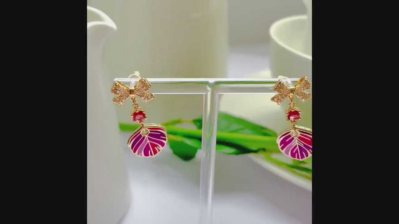 Sparkle bow quetzal red dangle drop cubic zirconia gold feather earrings, Gifts under 30, Mothers Day Gift, Bird-themed jewelry, Nature Gift