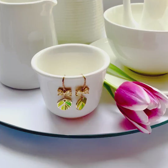 Bird-Inspired Feather Earrings, Lime Green Enamel, Gold CZ (Dangle 3.5cm), Advent calendar