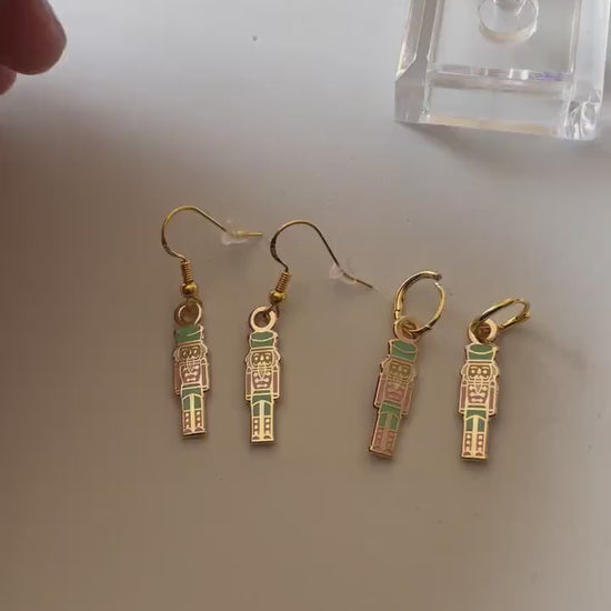 Pink Nutcracker earrings, minimalist, Huggies, hook,  charm, 925 sterling silver, 18k gold, gift for her, pink and teal blue