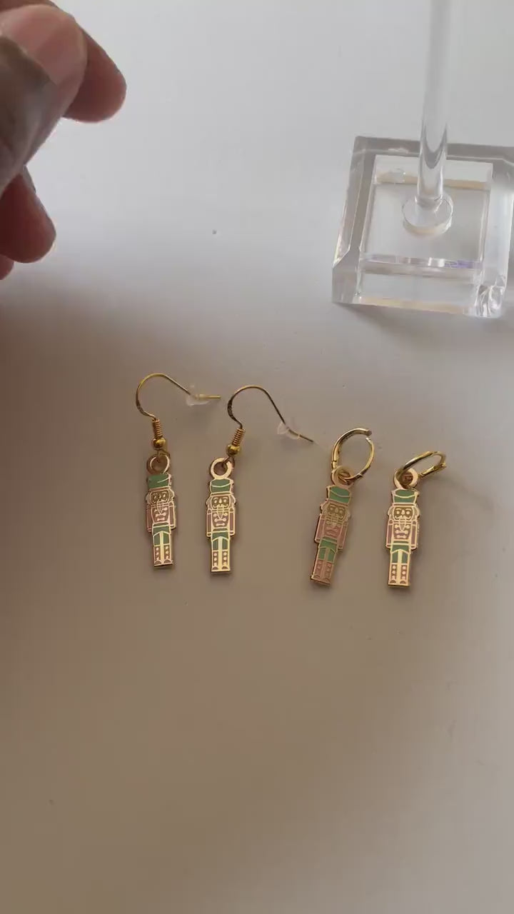 Pink Nutcracker earrings, minimalist, Huggies, hook,  charm, 925 sterling silver, 18k gold, gift for her, pink and teal blue