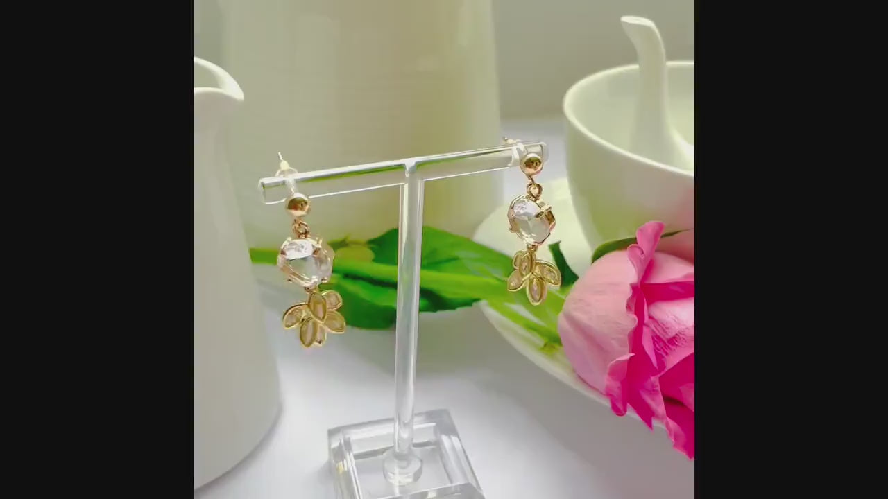 Clear feather dangle drop cubic zirconia gold crystal earrings, Gifts under 30, Mothers Day Gift, Bird-themed jewelry, Nature Gift
