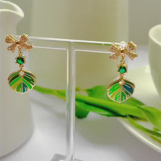 Sparkle bow quetzal green dangle drop cubic zirconia gold feather earrings, Gifts under 30, bird Gift, Bird-themed jewelry, Nature Gift