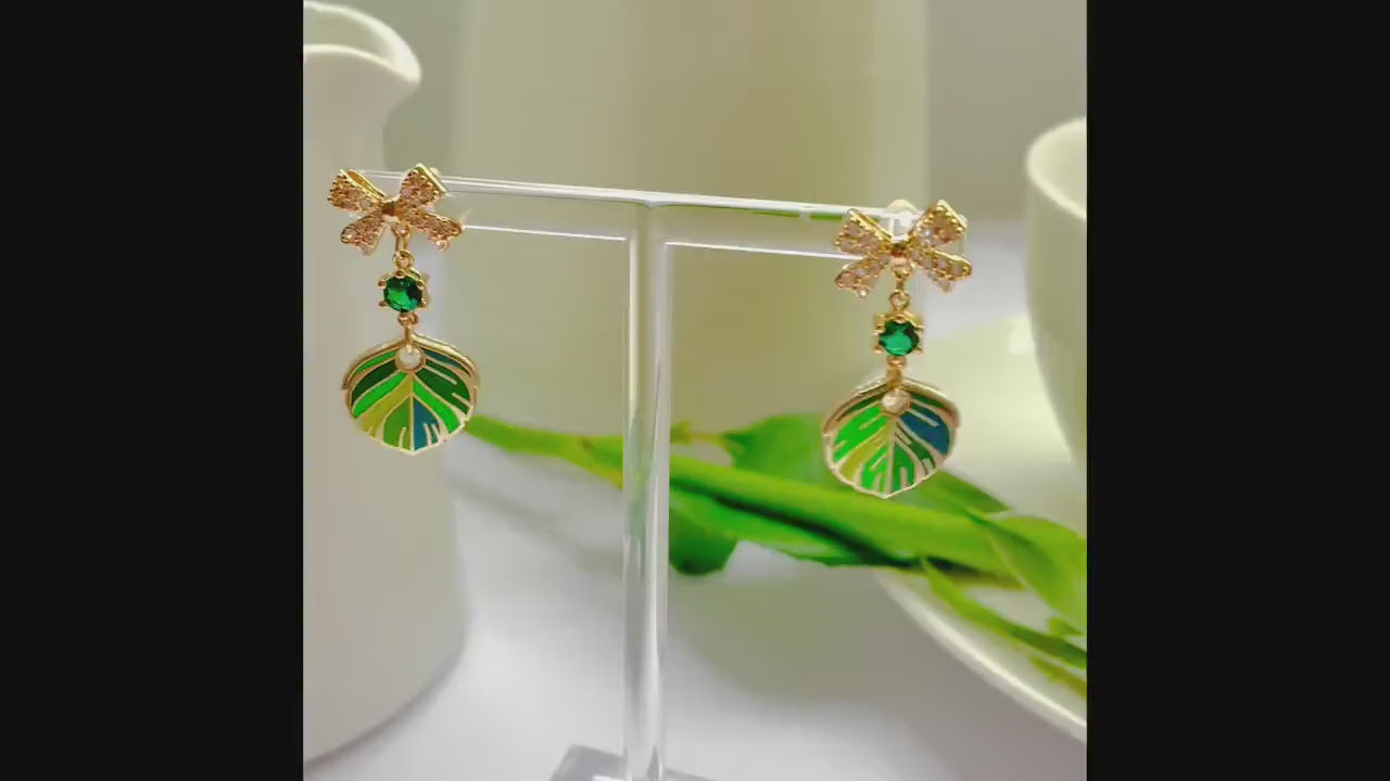 Sparkle bow quetzal green dangle drop cubic zirconia gold feather earrings, Gifts under 30, bird Gift, Bird-themed jewelry, Nature Gift
