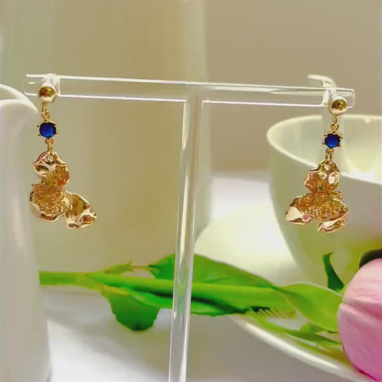 Flower blue stud dangle-drop gold earrings, Gifts under 30, Mothers Day Gift, Nature floral Gift, Flower child