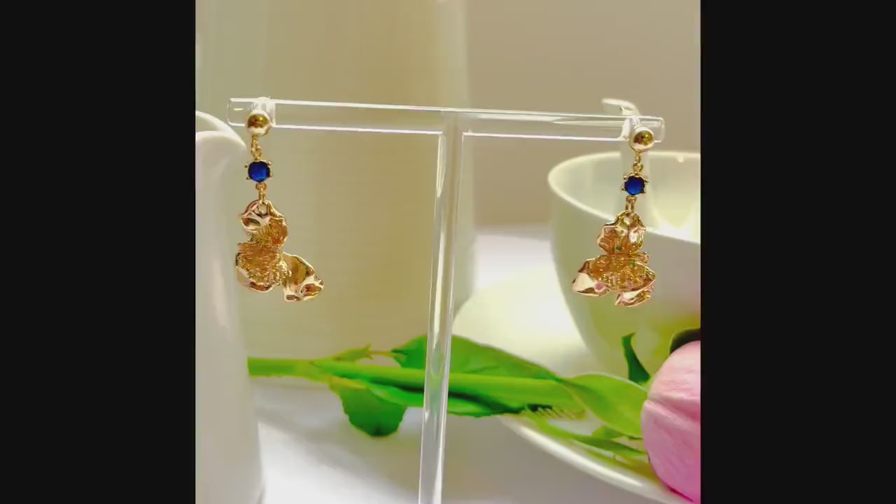 Flower blue stud dangle-drop gold earrings, Gifts under 30, Mothers Day Gift, Nature floral Gift, Flower child