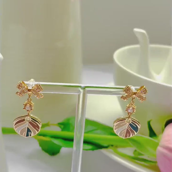 Sparkle bow mocha cream dangle drop cubic zirconia gold feather earrings, Gifts under 30, Mothers Day Gift, Bird-themed jewelry, Nature Gift