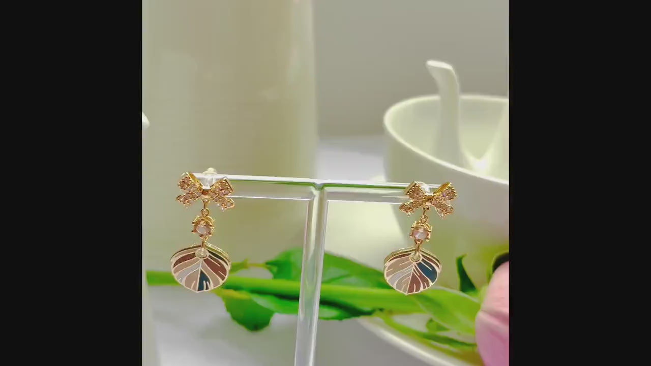 Sparkle bow mocha cream dangle drop cubic zirconia gold feather earrings, Gifts under 30, Mothers Day Gift, Bird-themed jewelry, Nature Gift