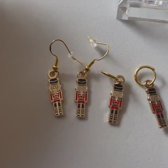 Nutcracker Dangle Earrings, Minimalist Gold & Black Red (Sterling Silver), Christmas gift, stocking stuffer, Advent calendar