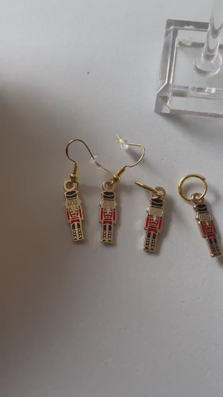 Nutcracker Dangle Earrings, Minimalist Gold & Black Red (Sterling Silver), Christmas gift, stocking stuffer, Advent calendar