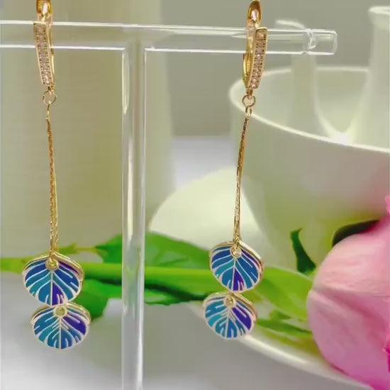 Feather Drop Earrings: Blue Hard Enamel, Cubic Zirconia (Handmade UK), Advent calendar