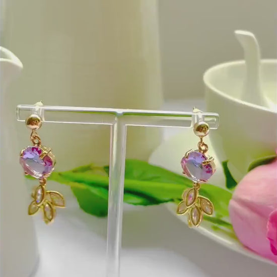 Purple feather dangle drop cubic zirconia gold crystal earrings, Gifts under 30, Mothers Day Gift, Bird-themed jewelry, Nature Gift