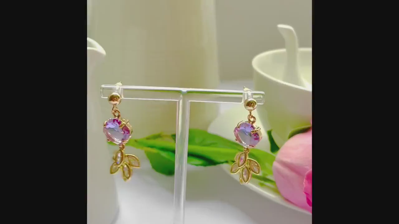 Purple feather dangle drop cubic zirconia gold crystal earrings, Gifts under 30, Mothers Day Gift, Bird-themed jewelry, Nature Gift