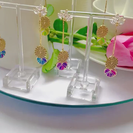 Blue Feather Dangle Earrings: Textured Enamel with Gold and CZ, Advent calendar