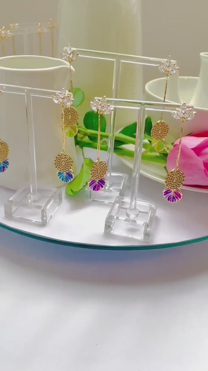Blue Feather Dangle Earrings: Textured Enamel with Gold and CZ, Advent calendar