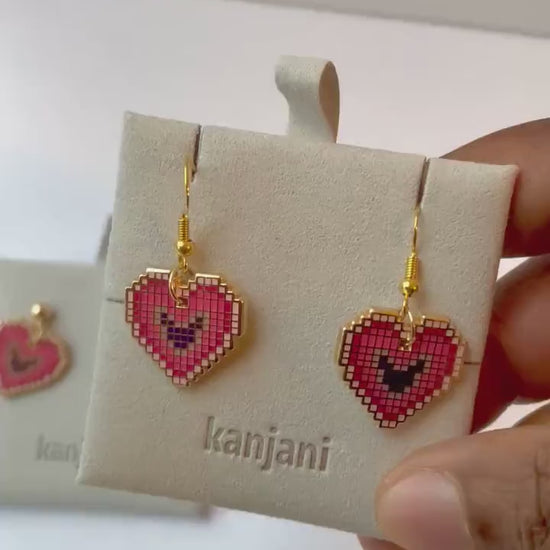 Pixel Heart Dangle Earrings, Enamel Sterling Silver Hooks, Advent calendar