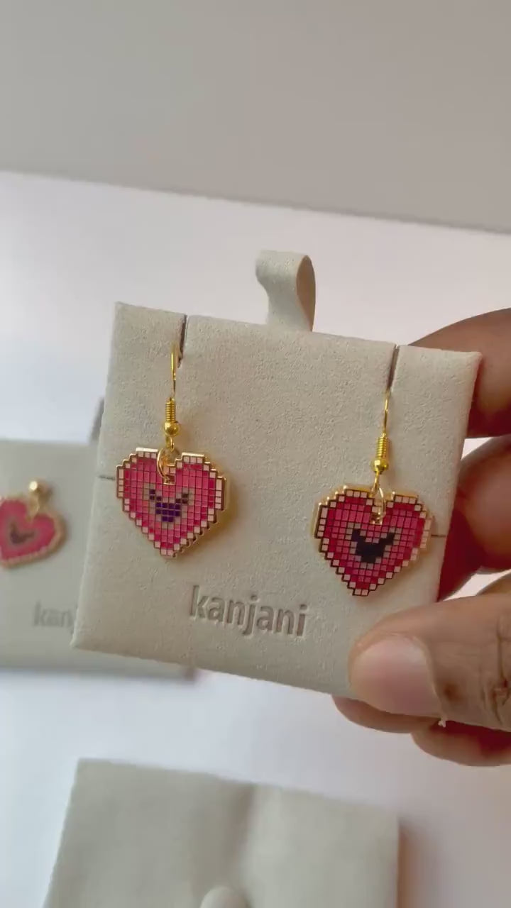 Pixel Heart Dangle Earrings, Enamel Sterling Silver Hooks, Advent calendar