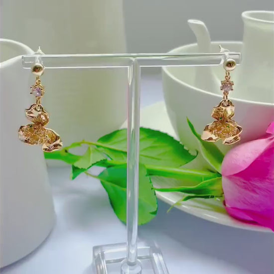 Flower clear stud dangle-drop gold earrings, Gifts under 30, Mothers Day Gift, Nature floral Gift, Flower child