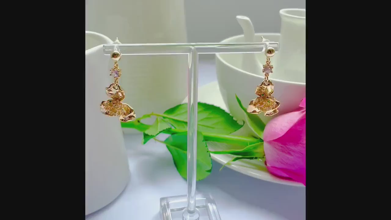 Flower clear stud dangle-drop gold earrings, Gifts under 30, Mothers Day Gift, Nature floral Gift, Flower child