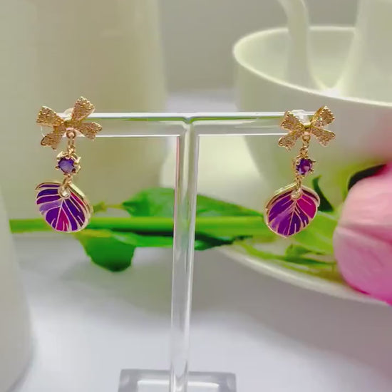 Sparkle bow Purple dangle drop cubic zirconia gold feather earrings, Gifts under 30, Mothers Day, Bird-themed jewelry, Nature Gift