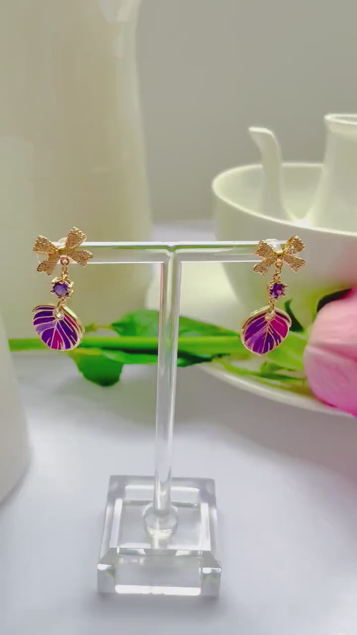 Sparkle bow Purple dangle drop cubic zirconia gold feather earrings, Gifts under 30, Mothers Day, Bird-themed jewelry, Nature Gift