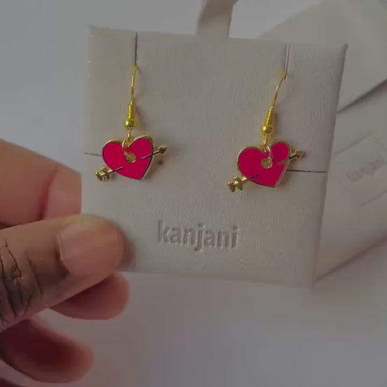 Cupid Arrow Heart Earrings, Gold Plated Enamel (Dangle or Stud), Advent calendar