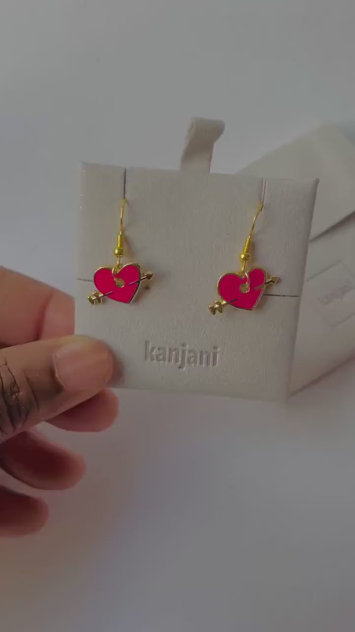 Cupid Arrow Heart Earrings, Gold Plated Enamel (Dangle or Stud), Advent calendar