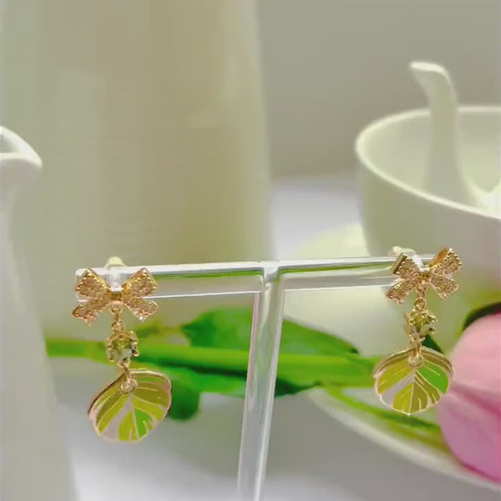 Sparkle bow citrus lime dangle drop cubic zirconia gold feather earrings, Gifts under 30, Mothers Day Gift, Bird-themed jewelry, Nature Gift
