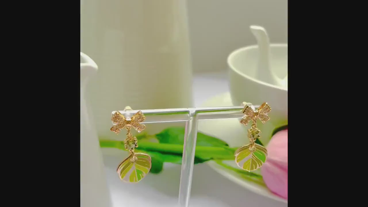 Sparkle bow citrus lime dangle drop cubic zirconia gold feather earrings, Gifts under 30, Mothers Day Gift, Bird-themed jewelry, Nature Gift