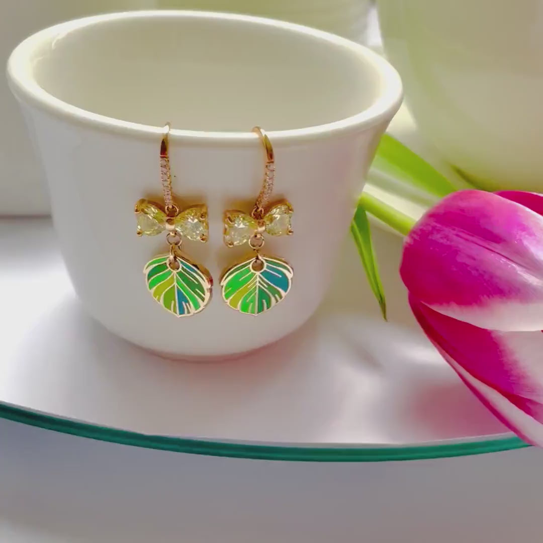 Feather gold earrings, statement green crystal bow hooks, quetzal dangle drop, Christmas gift for her, Bird-themed jewelry, Mothers Day