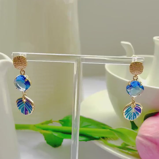 Blue dangle drop cubic zirconia gold feather earrings, Gifts under 30, Mothers Day Gift, Bird-themed jewelry, Nature Gift