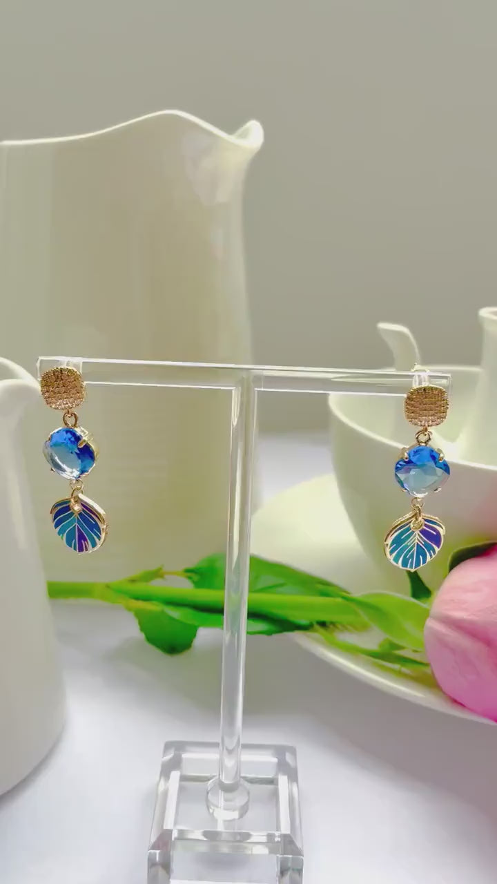Blue dangle drop cubic zirconia gold feather earrings, Gifts under 30, Mothers Day Gift, Bird-themed jewelry, Nature Gift