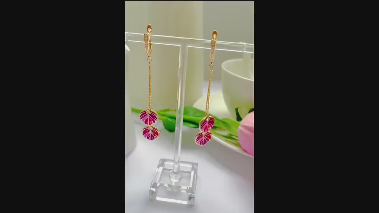 Red Feather Dangle Earrings: Enamel, Gold Plated with Crystal Glint, Advent calendar