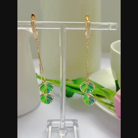 Green quetzal enamel Feather Zirconia Dangle Drop clasp Earring, gold-plated, Gift for her, Nature inspired jewelry, Minimalist bird earring
