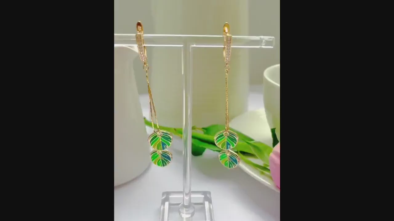 Green quetzal enamel Feather Zirconia Dangle Drop clasp Earring, gold-plated, Gift for her, Nature inspired jewelry, Minimalist bird earring