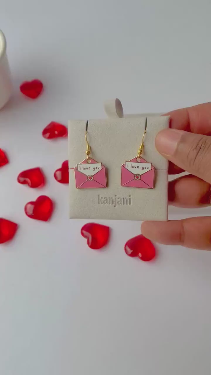 Love Letter Earrings: Pink & Navy Enamel Hearts (Gold Hook or Stud), Advent calendar