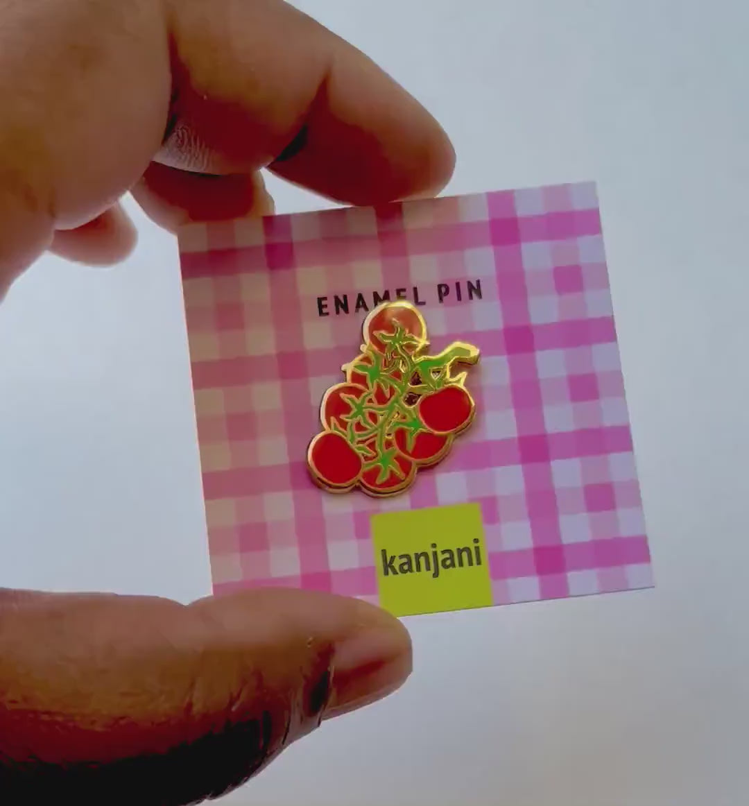 Vine Tomato Stem Enamel Pin, Vegan Lapel Badge, picnic treat